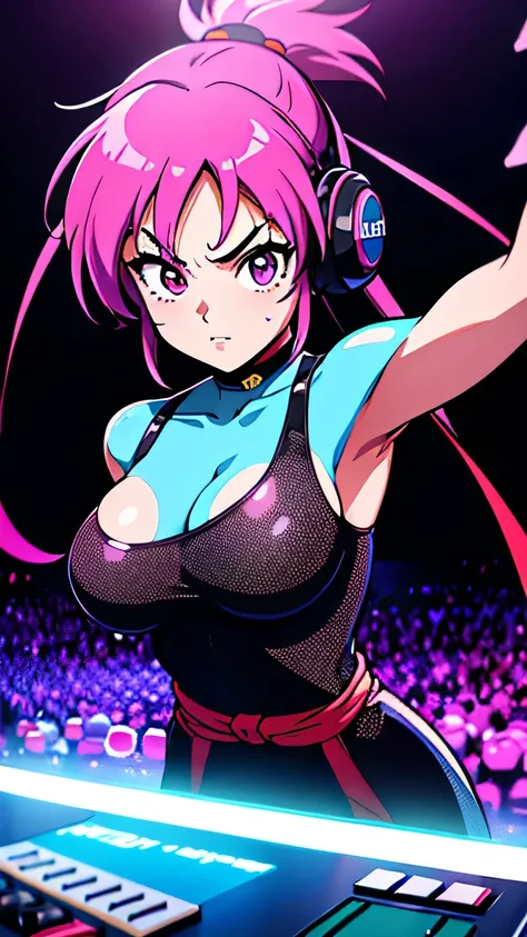 upper body, female ninja,Large breasts, colorful clothes , quirky, vibrant appearance, playful accessories, creative behavior, imaginative, sensual, spontaneous, DJ headphones, mixing console, music club, night club, indie theaters, people dancing on the d...