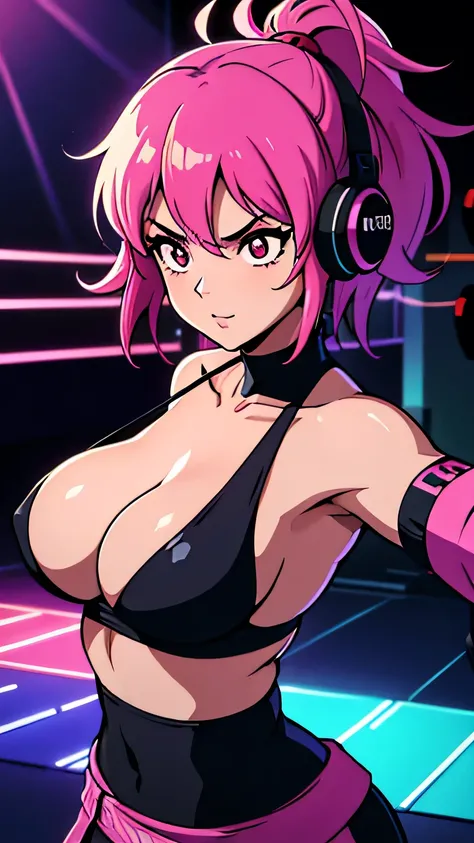 upper body, female ninja,Large breasts, colorful clothes , quirky, vibrant appearance, playful accessories, creative behavior, imaginative, sensual, spontaneous, DJ headphones, mixing console, music club, night club, indie theaters, people dancing on the d...