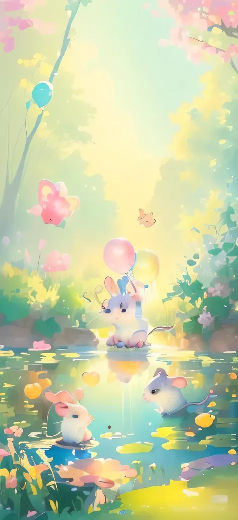 cartoon of a group of mice playing In the pond with balloons, Broad View, Forest with rabbits, Spring morning, Lovely artwork, Color diffusion, Hillabi, foamy landscape, official art, summer morning, official artwork, In the pond, Drawn in a whimsical styl...