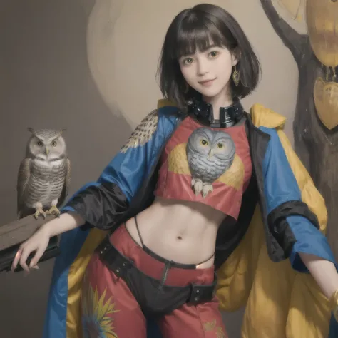 224 Short Hair, 20-year-old woman, A kind smile, (There are also colorful owls), (Rembrandt-style painting), ((machinery suit,Clothes with short sleeves)),I can see your abs