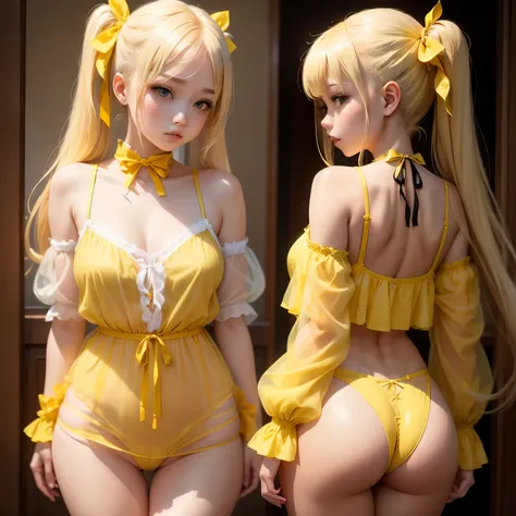 Blonde、Beautiful young woman、Twin tails、Yellow ribbon hair accessory、Sheer clothing、Thong