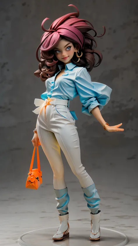 (best quality,4k,8k,highres,masterpiece:1.2),ultra-detailed, An action figure of a 39 year old Japanese woman, gyaru, five foot five inches tall, ginger colored hair, mole by her left eye, blue button up blouse, maroon jeans, large swollen breasts, wide hi...