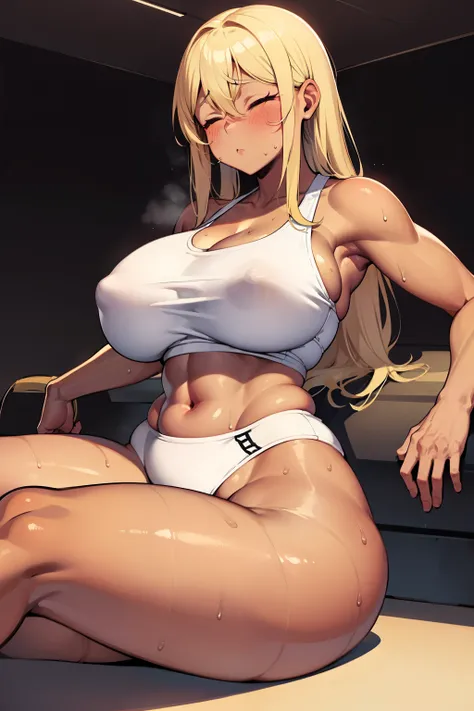 gym, workout, hot, sweating, sweaty, tan, big , tan skin, flustered, blush, lying on her back, exhausted, white clothes, very curvy, dark brown skin, long blond hair, yellow eyes, slutty, gyaru, full lips, seductive embarrassing face, embarrassing, blushin...