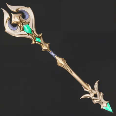 Close-up of the staff inlaid with emeralds，Metal winding，Gorgeous staff，Medieval Staff，Gold and silver metal，Shiny staff，Metallic luster，HD，4k，