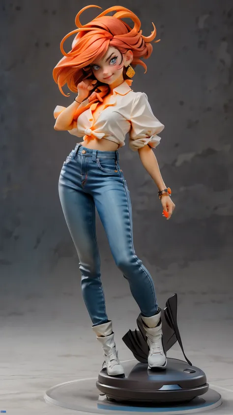 (best quality,4k,8k,highres,masterpiece:1.2),ultra-detailed, An action figure of a 39 year old Japanese woman, gyaru, five foot five inches tall, ginger colored hair, mole by her left eye, blue button up blouse, maroon jeans, large swollen breasts, wide hi...