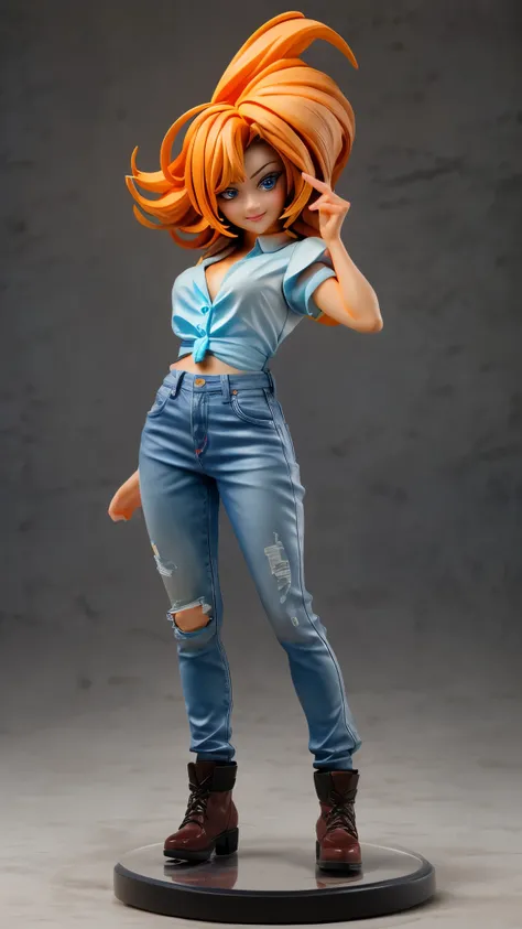 (best quality,4k,8k,highres,masterpiece:1.2),ultra-detailed, An action figure of a 39 year old Japanese woman, gyaru, five foot five inches tall, ginger colored hair, mole by her left eye, blue button up blouse, maroon jeans, large swollen breasts, wide hi...