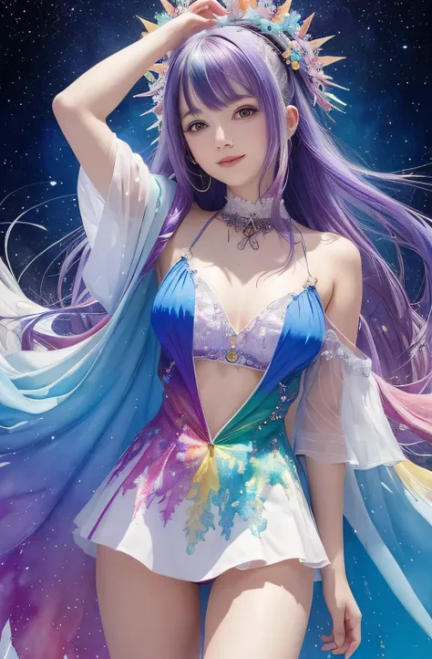 (masterpiece, highest quality, highest quality,watercolor (Moderate),Official Art, beautifully、aesthetic:1.2),(One girl:1.3), (Fractal Art:1.3), View your viewers,pattern,(Rainbow Hair,colorful hair,Half Blue、Half purple hair:1.2),water,liquid, cloud,color...