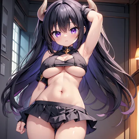 highest quality,wonderful,finely,extremely detailed CG unity 8k wallpaper,1 Girl,priest(dq3), Large Breasts,(devil,demon tail),(Black Band Top:1.3), Bare shoulders, clavicle, (Underboob:1.5), Cleavage, Huge breasts,(Black Hair, Purple Eyes, long hair), hig...