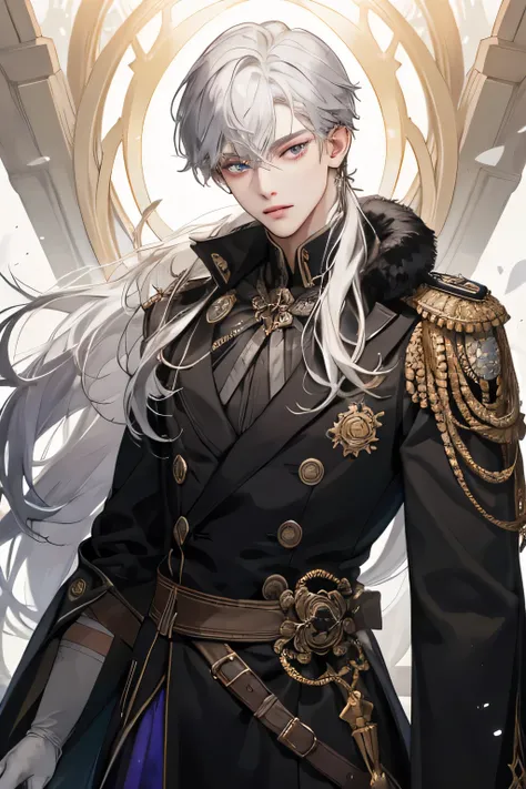 Emporer, Young Man, male, 1boy, mature male, manly,  shine, depicting Equal eyes, golden eyes (A Male god) Look at camera, depicting delicate facial features, black uniform, white gloves, gothic style, ribbon, silver white   long hair, extreme detail, deli...