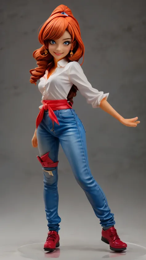 (best quality,4k,8k,highres,masterpiece:1.2),ultra-detailed, An action figure of a 39 year old Japanese woman, gyaru, five foot five inches tall, ginger colored hair, mole by her left eye, blue button up blouse, maroon jeans, large swollen breasts, wide hi...