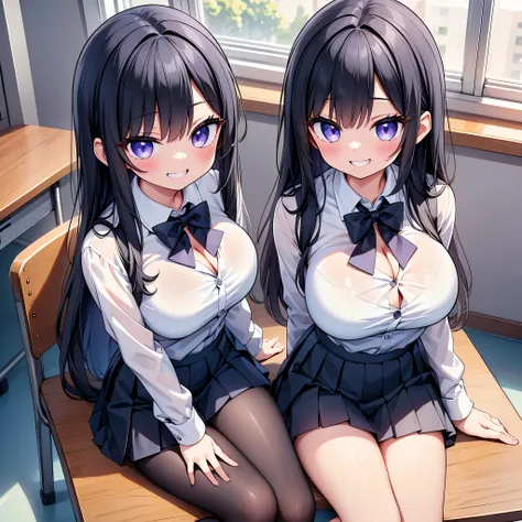 (cute eyes:1.2), (sparkling eyes:1.2), (8K、Best image quality、highest quality、masterpiece)、Detailed face、(2 girls)、Improve、(Black Hair, Purple Eyes, long hair), Wicked Smile、((Grin))、(skinny body:1.3), (huge breasts:1.1)、((White collared shirt))、((Open clo...