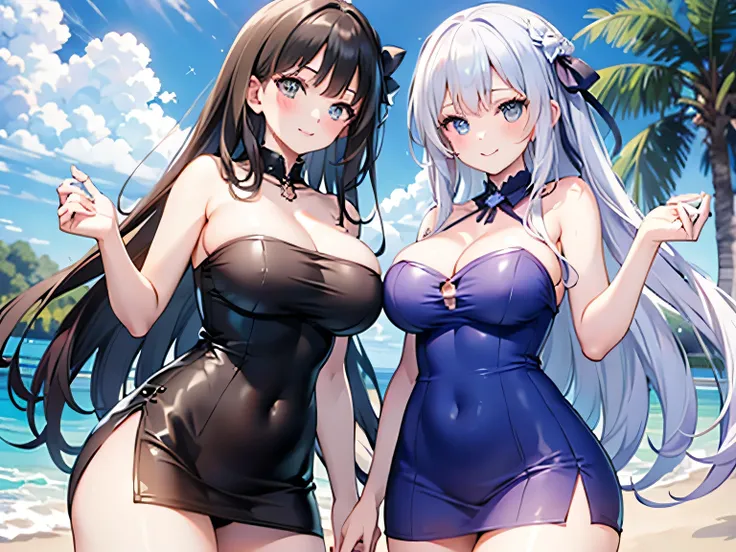 Anime illustration、highest quality、Sandy Beach、Voluptuous gravure idol、Perfect proportions、Tube top、Overwhelmingly large breasts、Thick legs、Beautiful, shining eyes、Blushing、smile、Cowboy Shot、Shibuya Rin、Tohsaka Rin