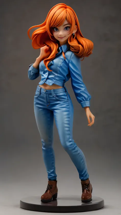 (best quality,4k,8k,highres,masterpiece:1.2),ultra-detailed, An action figure of a 39 year old Japanese woman, gyaru, five foot five inches tall, ginger colored hair, mole by her left eye, blue button up blouse, maroon jeans, large swollen breasts, wide hi...