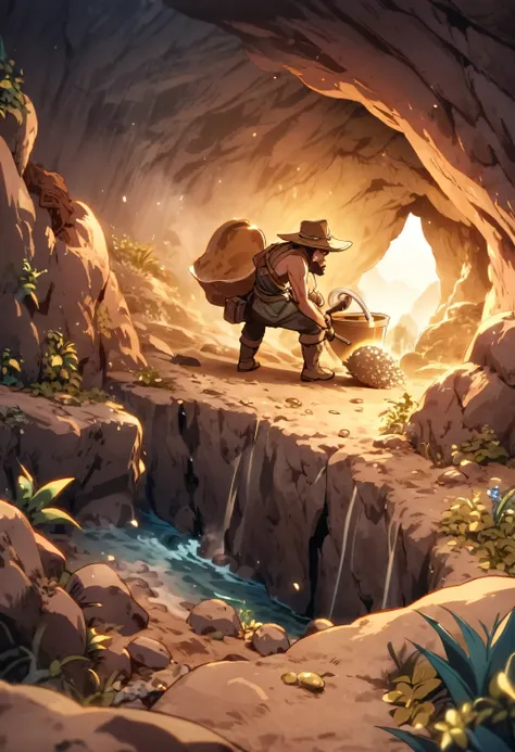 prospector digging for gold in a cave in a mountain