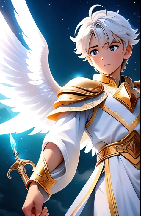 Um anjo do genero masculino de luz com asas celestiais bem abertas com uma espada de luz grande feita por Deus. Esse anjo tem que ser lindo perfeito de tanta beleza, mas tambem deve parecer muito forte com tamanho poder