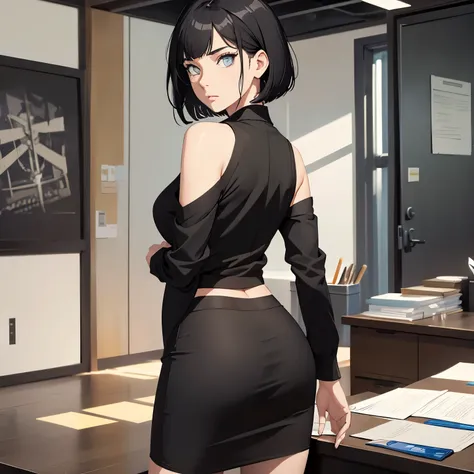 (masterpiece), Best quality, good anatomy, one girl (full body), white eyes, realistic face, gloomy face, dark hair, short haircut ,bare shoulders, round buttocks, back, tight black top, black pencil skirt, beautiful legs, Office, Reflectors, 8K masterpiec...