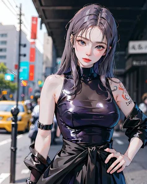 One girl, Gray Hair, Long Hair, Techwear masterpiece, highest quality, Realistic, Dark purple jacket, Portraiture, Fine grain, Wearing the headset, Platinum Hair, 21 year old girl, Fashion pose, Half Body, Wide shot, on the road, cyber punk,(((He has many ...