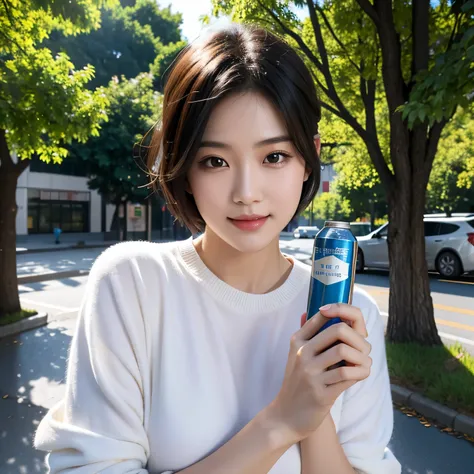 asian girls，half-length photo，holding a bottle of toner in hand，slim and perfect fingers，highest quality, ultra-high resolution,...