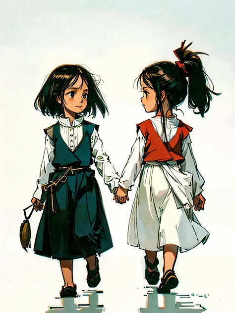 2 indian village kid girls wearing a salvar kurti walking happily holding hands