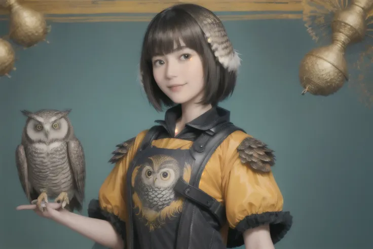 224 short hair, 20-year-old woman, a kind smile, (there are also colorful owls), (rembrandt-style painting), ((machinery suit,cl...