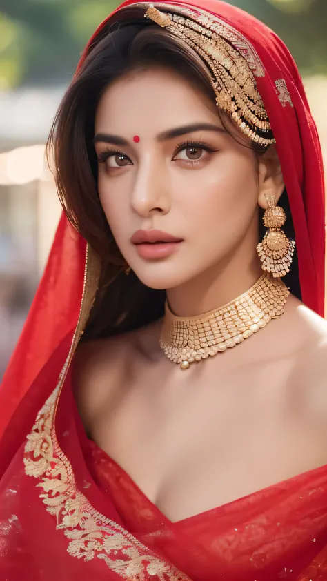 (best quality,4k,8k,highres,masterpiece:1.2),ultra-detailed,(realistic,photorealistic,photo-realistic:1.37),portraits,(Indian fair skin, flawless complexion, radiant skin, wearing (red cloths)),detailed eyes with long eyelashes,beautiful detailed lips, , f...