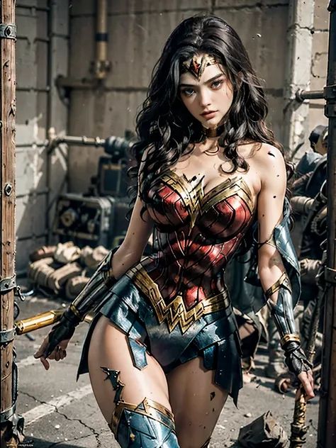 usando color maravilla_mujer_cosplay_traje hecho_de_fractales, robo, ladornes se preparan para disparar a wonder woman