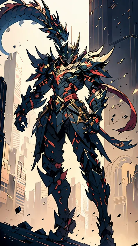 A man wearing a full-face helmet, a fantasy-style biomecha armored combat suit, green eyes, a composite layered chest armor, fully enclosed shoulder guards, matching arm and leg guards, the belt is adorned with dragon claw grasping orbs, primarily black wi...