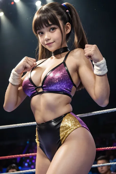 ((A girl with a very young face)), ((highest quality)), 11 years old、Brown Hair, A professional wrestler with a very young face, ((Super high cut glittery wrestling costume)),, Professional wrestling ring、(Natural Makeup)、cute、Plump thighs、Big Breasts、Stan...