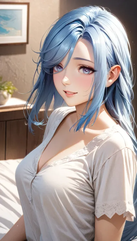 shenhe,((blue hair)), elf,beautiful face,smiling, fit body, moderate breast,sitting on a bed,wearing white pajama,illustration,d...