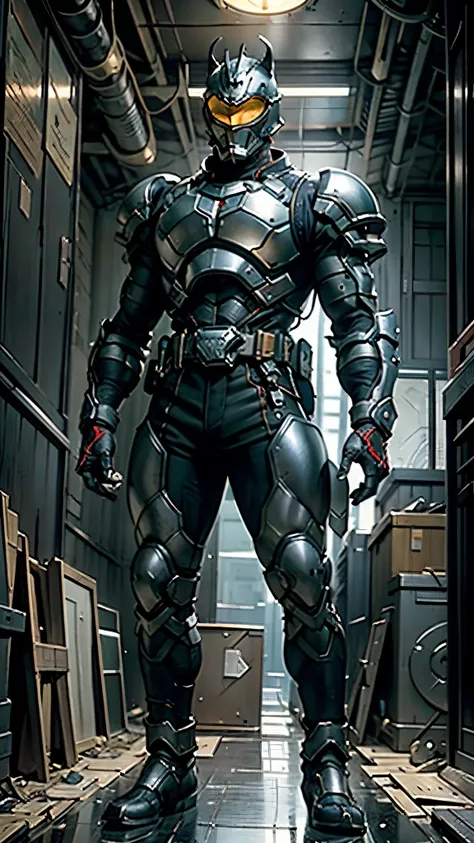 a man wearing a full-face helmet, a fantasy-style biomecha armored combat suit, green eyes, a composite layered chest armor, ful...