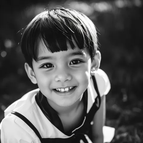 Scary look boy in black and white dress with white eye and scary smile 