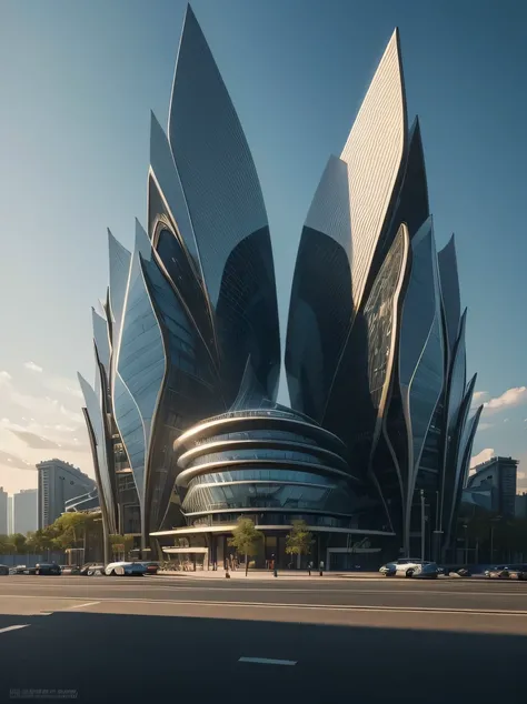 ((Masterpiece, top quality, highly detailed, high resolution, photorealistic, sharp focus, cinematic lighting)), high contrast, natural colors, one building, a beautiful building in the center of the image, designed by Zaha Hadid Futuristic city skyscraper...