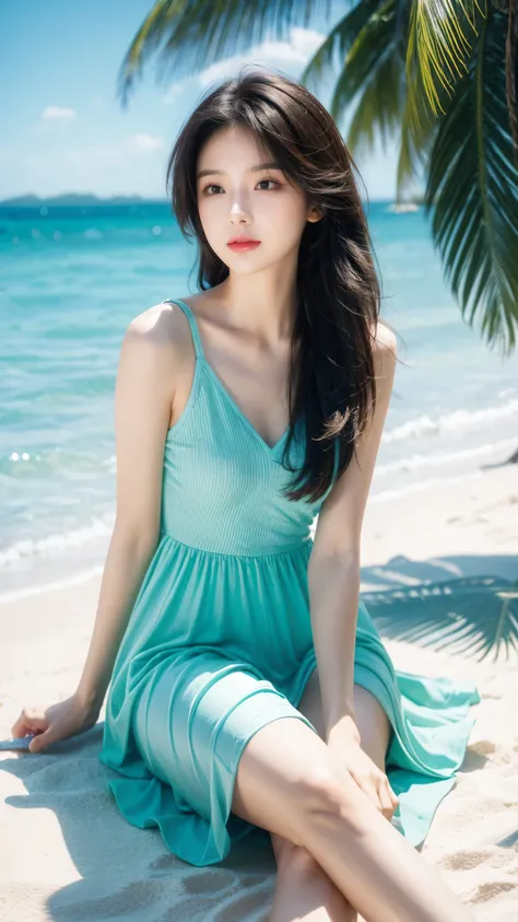 (Optimal lighting, The best shadow, masterpiece, high quality), rich and colorful, Lively, summer feeling, Many bright colors, Beautiful woman in light summer clothes, Loose hair, Sitting in the clear sea water、White sand beach, Bright blue sky.