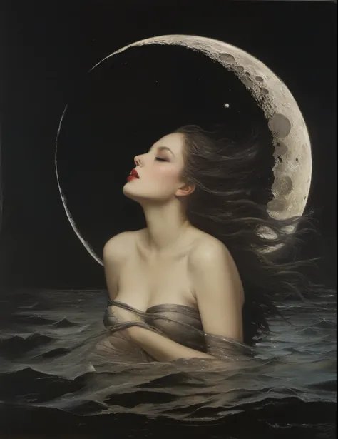 James Gurney, Surrealist art , dream-like, Mysterious, Provocative, symbolic, Complex, detailed,, (Gothic but very beautiful:1.4), (masterpiece, highest quality:1.4) , Nicola Samori Style, Moon-kissed Siren