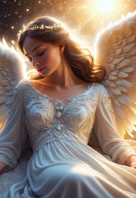 (best quality,4k,highres),mother and  sleeping,angel protector,peaceful atmosphere,soft lighting,tender bond,serene,watchful eyes,sleeping innocence,motherly love,angelic wings,lullaby in the air,blissful dreams,calm and soothing,angelic presence,guardian ...