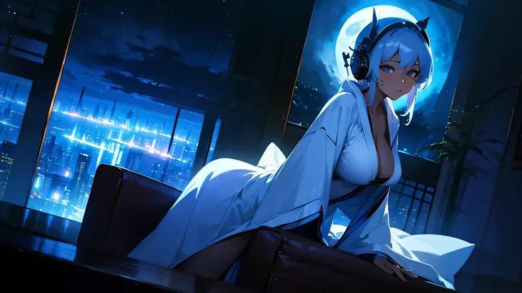 A woman wearing a bathrobe and headphones is sitting on a sofa、A beautiful night view behind、Big Breasts、sexy、Room with a night view、Moonlight、Unbuttoned、Downlight、full moon、Stylish room with fireplace、Silver Hair