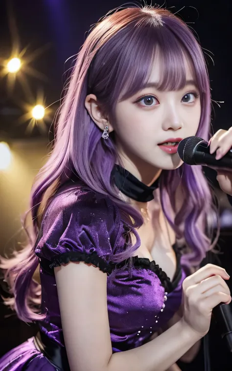 (highest quality, Tabletop:1.2), 1 female singer, 20 years old, Otherworldly fantasy,Shoulder strap,Sing alone, Light purple hair,Beautiful eyes in every detail),Upper Body,bangs,ear, Gorgeous deep purple outfit, Mysterious, Long Hair, blush, Displaying th...