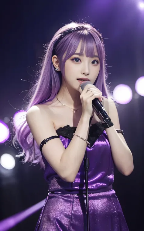 (highest quality, Tabletop:1.2), 1 female singer, 20 years old, Otherworldly fantasy,Shoulder strap,Sing alone, Light purple hair,Beautiful eyes in every detail),Upper Body,bangs,ear, Gorgeous deep purple outfit, Mysterious, Long Hair, blush, Displaying th...