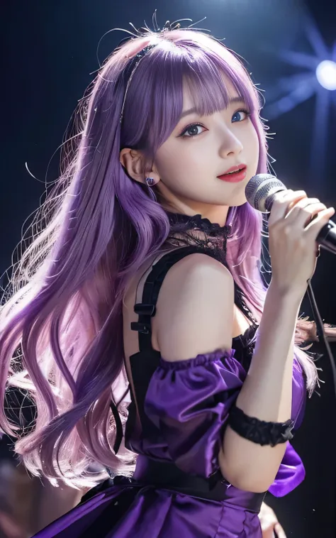 (highest quality, Tabletop:1.2), 1 female singer, 20 years old, Otherworldly fantasy,Shoulder strap,Sing alone, Light purple hair,Beautiful eyes in every detail),Upper Body,bangs,ear, Gorgeous deep purple outfit, Mysterious, Long Hair, blush, Displaying th...