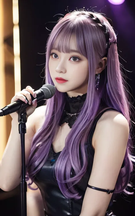 (highest quality, Tabletop:1.2), 1 female singer, 20 years old, Otherworldly fantasy,Shoulder strap,Sing alone, Light purple hair,Beautiful eyes in every detail),Upper Body,bangs,ear, Gorgeous deep purple outfit, Mysterious, Long Hair, blush, Displaying th...
