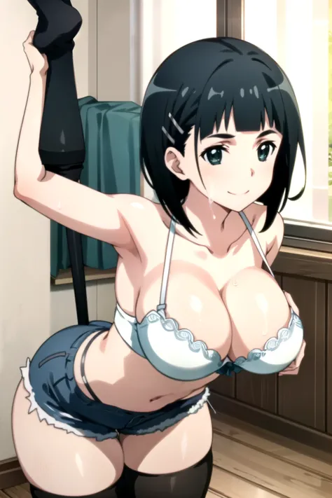 EFT_Sao_Sis, 1girl, kirigaya suguha, solo, black hair, short hair, hair ornament, smile, green eyes, hairclip, upper body, shirt, collarbone, anime coloring, (sweaty), full of sweat,(armpits), ( sexy lingerie), bra, low angle butt view, panties, wet body, ...