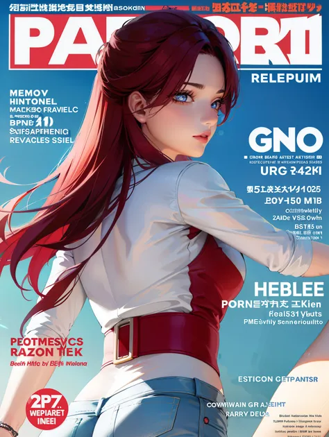 flayallster, flay allster, long hair, (purple eyes:1.1), red hair, medium hair, (parted bangs:1.5), ponytail,
BREAK (belt, jeans, pearl_necklace, bracelet, black gloves, white shirt,ultragirl, ultraman bodysuit:1.2)
BREAK from behind,  ((magazine cover)), ...