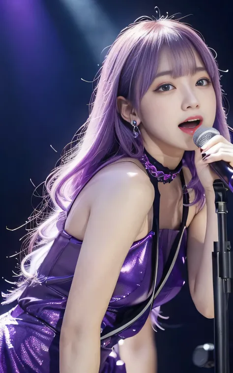 (highest quality, Leaning Forward:1.2), 1 female singer, 20 years old, Otherworldly fantasy,Shoulder strap,Sing alone, Light purple hair,Beautiful eyes in every detail),Upper Body,bangs,ear, Gorgeous deep purple outfit, Mysterious, Long Hair, blush, Displa...