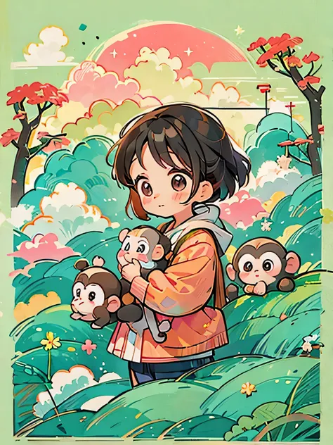 momoko sakura style, kawaii design, chibi girl monkey, monkey forest, above the clouds, carrying you