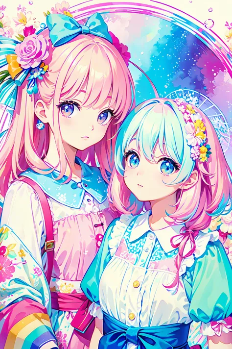 Yumekawa, dreamy cute, shopping, city, Harajuku, (masterpiece, highest quality, highest quality, watercolor (middle), Official Art, beautifully、aesthetic: 1.2), (2 girls: 1.3), (Fractal Art: 1.3), Upper Body, kiss, Lesbian, Lolita Fashion, Lolita Viewer Wa...