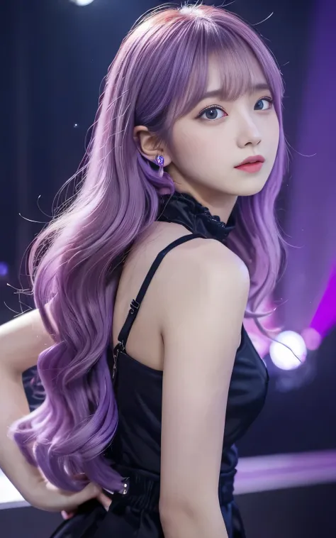 (highest quality, Back Pose:1.2), 1 female singer, 20 years old, Otherworldly fantasy,Shoulder strap,Sing alone, Light purple hair,Beautiful eyes in every detail),Upper Body,bangs,ear, Gorgeous deep purple outfit, Mysterious, Long Hair, blush, Displaying t...