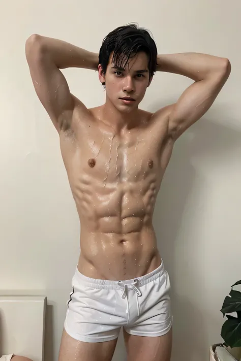 a lean skinny shirtless 19-year old caucasian boy wearing a white shorts, messy black hair, cute face, drenched in sweat, sweating profusely, posing on the wall, in the living room