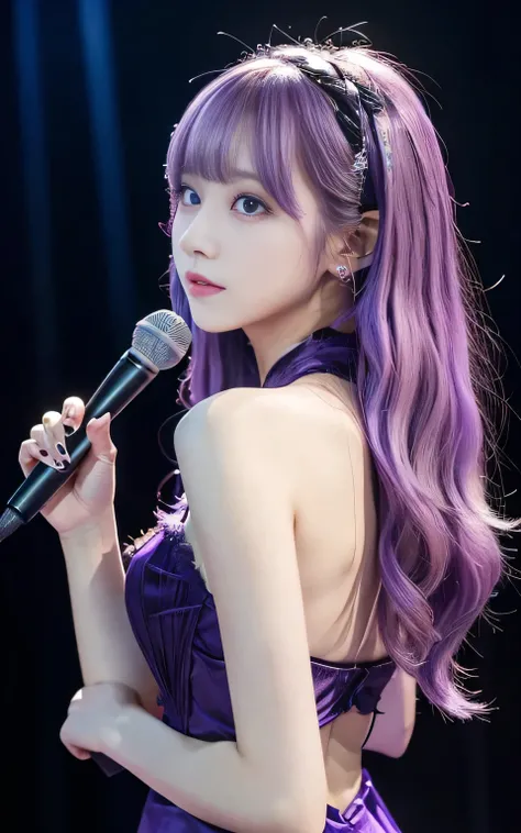 (highest quality, Back Pose:1.2), 1 female singer, 20 years old, Otherworldly fantasy,Shoulder strap,Sing alone, Light purple hair,Beautiful eyes in every detail),Upper Body,bangs,ear, Gorgeous deep purple outfit, Mysterious, Long Hair, blush, Displaying t...