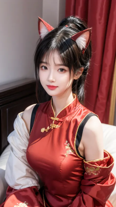 Chunli face cat ears red Chinese clothes sitting smiling anime style  