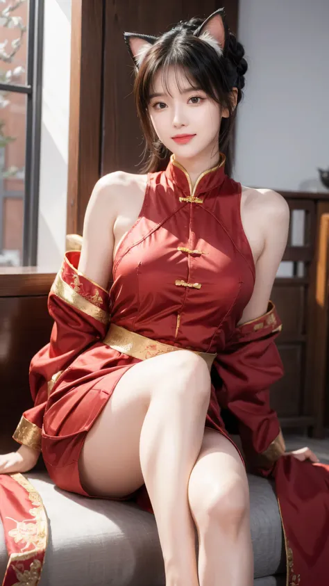 Chunli face cat ears red Chinese clothes sitting smiling anime style  